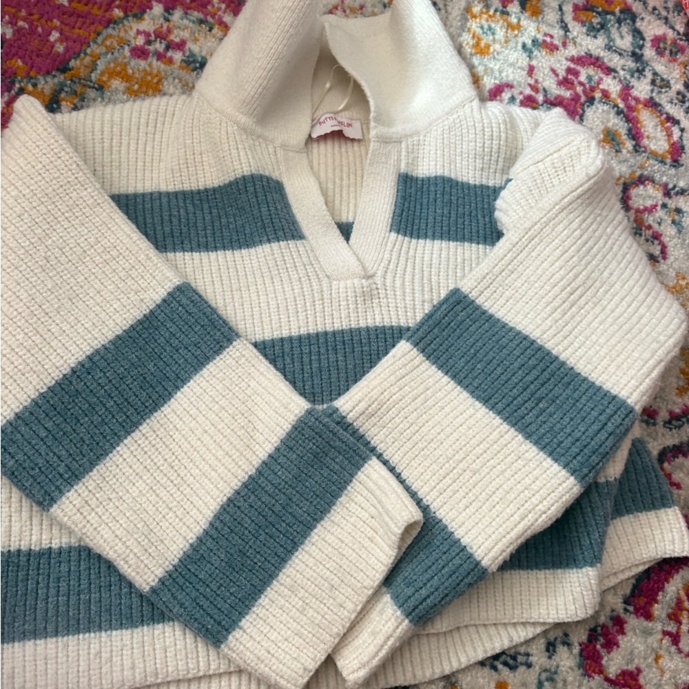 Striped Ribbed Sweater in Cream and Blue